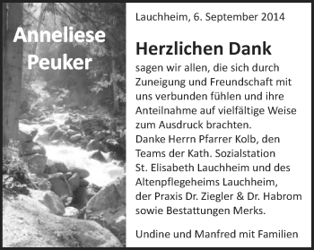 Traueranzeige von Anneliese Peuker von Schwäbische Post