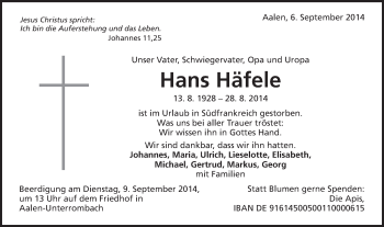 Traueranzeige von Hans Häfele von Schwäbische Post
