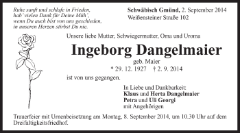 Traueranzeige von Ingeborg Dangelmaier von Gmünder Tagespost