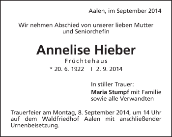 Traueranzeige von Annelise Hieber von Schwäbische Post