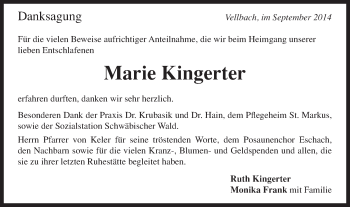 Traueranzeige von Marie Kingerter von Gmünder Tagespost