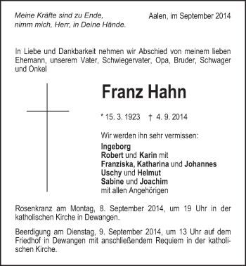 Traueranzeige von Franz Hahn von Schwäbische Post