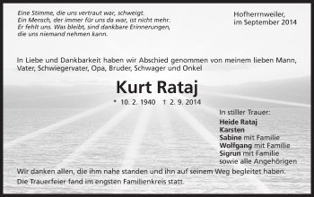 Traueranzeige von Kurt Rataj von Schwäbische Post