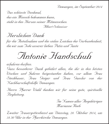 Traueranzeige von Antonie Handschuh von Schwäbische Post