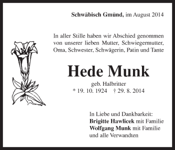 Traueranzeige von Hede Munk von Gmünder Tagespost