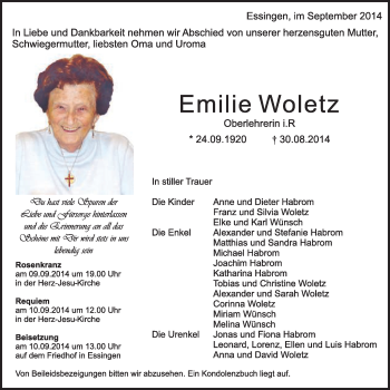 Traueranzeige von Emilie Woletz von Schwäbische Post