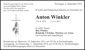 Traueranzeige von Anton Winkler von Schwäbische Post