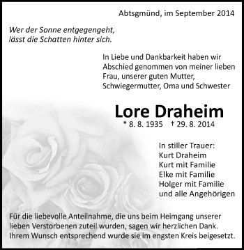 Traueranzeige von Lore Draheim von Schwäbische Post