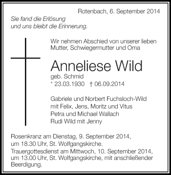 Traueranzeige von Anneliese Wild von Schwäbische Post
