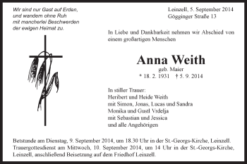 Traueranzeige von Anna Weith von Gmünder Tagespost