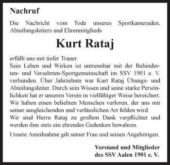 Traueranzeige von Kurt Rataj von Schwäbische Post