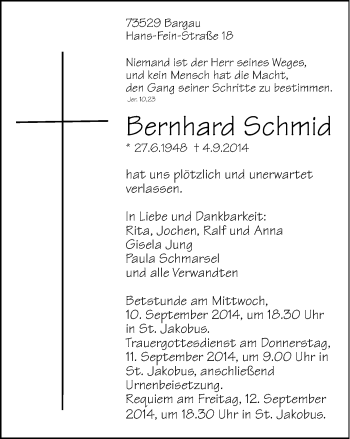 Traueranzeige von Bernhard Schmid von Gmünder Tagespost