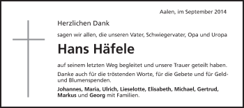 Traueranzeige von Hans Häfele von Schwäbische Post