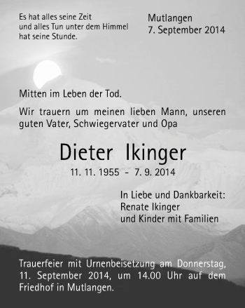 Traueranzeige von Dieter lkinger von Gmünder Tagespost