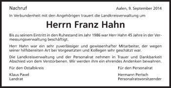 Traueranzeige von Franz Hahn von Schwäbische Post