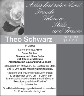 Traueranzeige von Theo Schwarz von Schwäbische Post