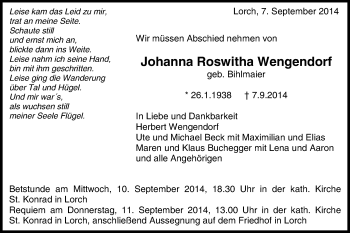 Traueranzeige von Johanna Roswitha Wengendorf von Gmünder Tagespost