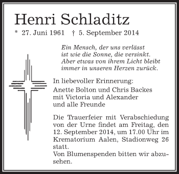 Traueranzeige von Henri Schladitz von Schwäbische Post
