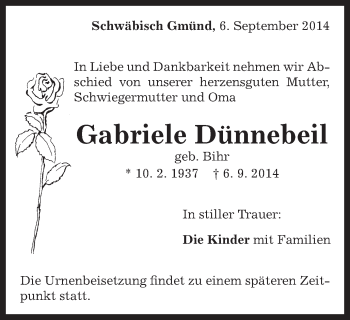 Traueranzeige von Gabriele Dünnebeil von Gmünder Tagespost