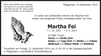 Traueranzeige von Martha Fei von Gmünder Tagespost