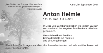 Traueranzeige von Anton Helmle von Schwäbische Post