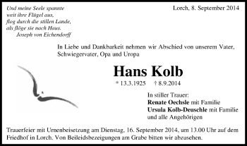 Traueranzeige von Hans Kolb von Gmünder Tagespost