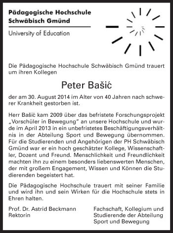 Traueranzeige von Peter Bašic von Schwäbische Post