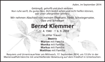 Traueranzeige von Bernd Klemmer von Schwäbische Post