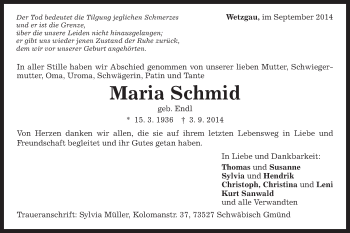 Traueranzeige von Maria Schmid von Gmünder Tagespost