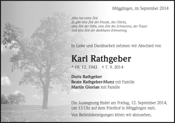 Traueranzeige von Karl Rathgeber von Gmünder Tagespost