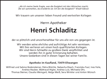 Traueranzeige von Henri Schladitz von Schwäbische Post