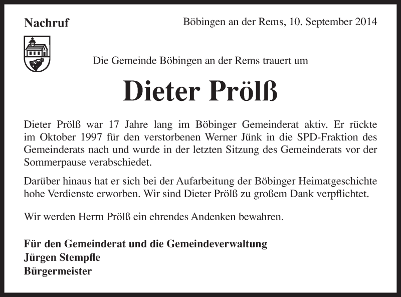  Traueranzeige für Dieter Prölß vom 11.09.2014 aus Gmünder Tagespost