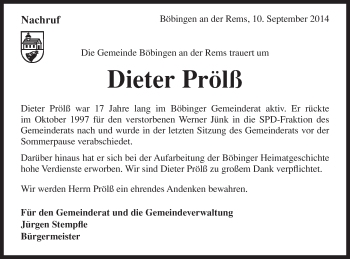 Traueranzeige von Dieter Prölß von Gmünder Tagespost