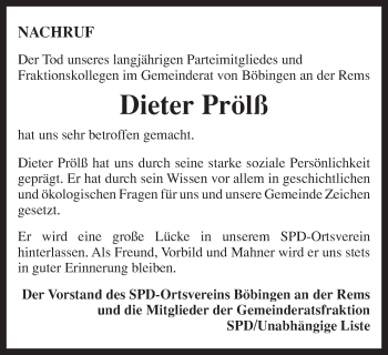 Traueranzeige von Dieter Prölß von Gmünder Tagespost
