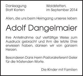 Traueranzeige von Adolf Dangelmaier von Gmünder Tagespost