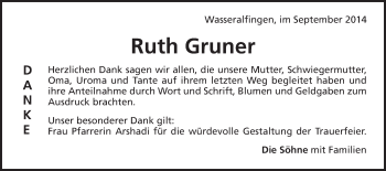 Traueranzeige von Ruth Gruner von Schwäbische Post