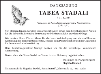 Traueranzeige von Tabea Stadali von Schwäbische Post