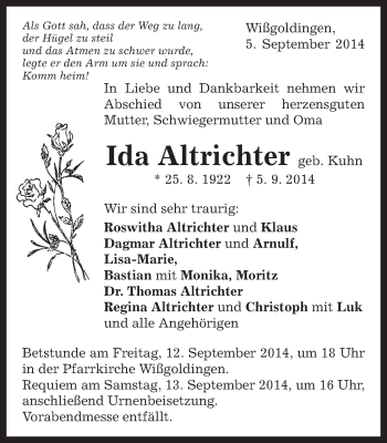 Traueranzeige von Ida Altrichter von Gmünder Tagespost