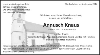 Traueranzeige von Annusch Knaus von Schwäbische Post