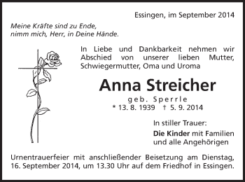 Traueranzeige von Anna Streicher von Schwäbische Post