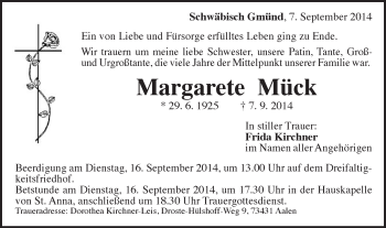 Traueranzeige von Margarete Mück von Gmünder Tagespost