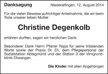 Traueranzeige von Christine Degenkolb von Schwäbische Post