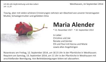 Traueranzeige von Maria Alender von Schwäbische Post