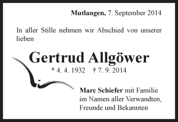 Traueranzeige von Gertrud Allgöwer von Gmünder Tagespost