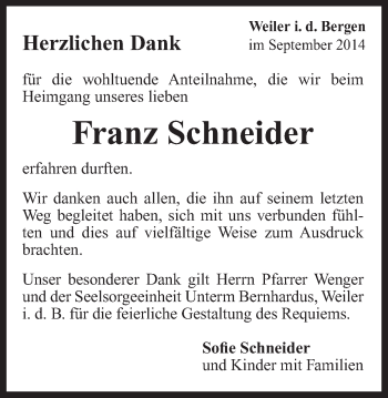 Traueranzeige von Franz Schneider von Gmünder Tagespost