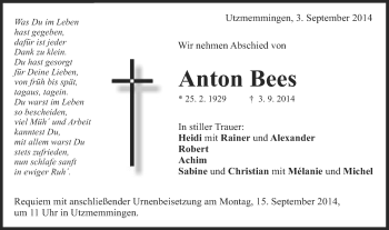Traueranzeige von Anton Bees von Schwäbische Post