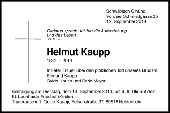 Traueranzeige von Helmut Kaupp von Gmünder Tagespost