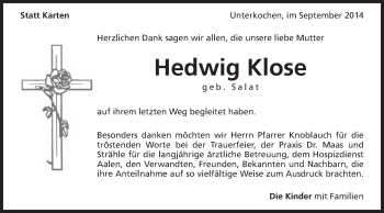Traueranzeige von Hedwig Klose von Schwäbische Post