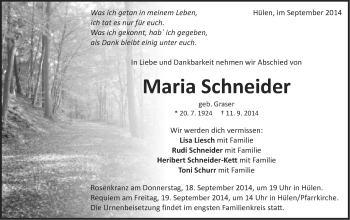 Traueranzeige von Maria Schneider von Schwäbische Post