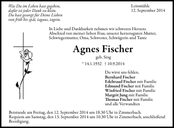 Traueranzeige von Agnes Fischer von Gmünder Tagespost